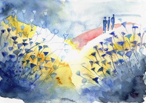 Three Figures on a Path in Luminous Landscape, Symbolic Journey Scene, Hand Painted Watercolor