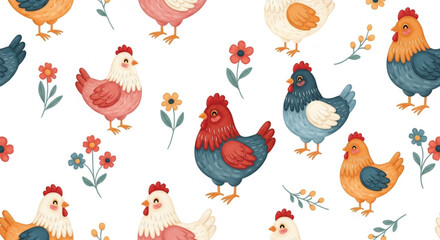 Obraz premium Cute Farm Chicken Seamless Pattern with Flowers Colorful Hand Drawn Easter Spring Illustration
