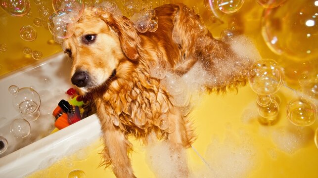 retriever. Playful golden retriever surrounded by soap bubbles in a cozy bathtub corner with warm, diffused lighting. wildlife magazines.
