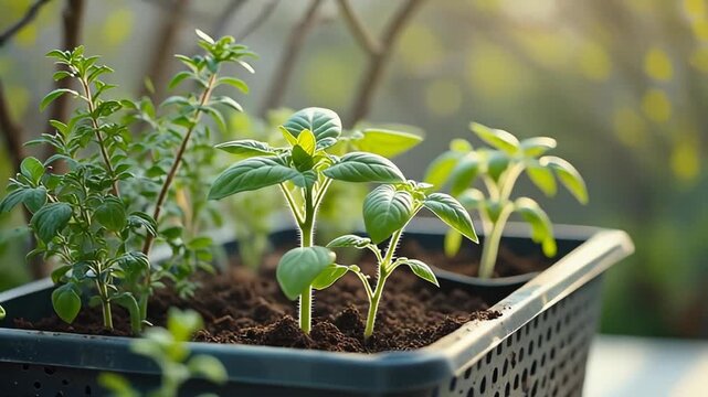Vibrant green seedlings and herbs thriving in a black planter under natural sunlight.