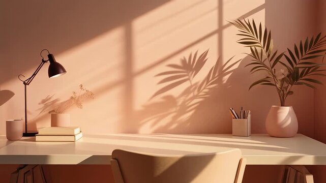 Warm Sunlight Illuminates a Cozy Home Office Desk with Plants and Lamp.