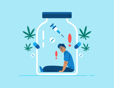 The concept of drug addiction. Dependence on illegal drugs, narcotics, marijuana. Illustration of a man sitting listlessly and trapped inside a jar of drugs. Bad lifestyle. Metaphor, flat style, blue 