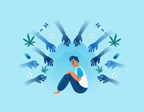 The concept of drug addiction. Dependence on illegal drugs, narcotics, marijuana. Illustration of a man sitting listlessly surrounded by arms. Bad lifestyle and environmental influences. Metaphor