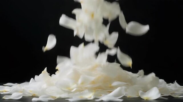 White Rose Petals Falling Gracefully Against a Dark Background.