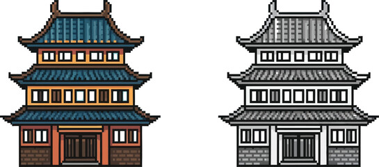 Naklejka premium Pixel art illustration of a traditional East Asian multi-tiered building, presented in both vibrant color and grayscale versions, featuring intricate roof designs and multiple windows.