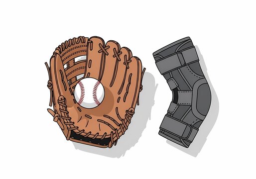 Illustration of a baseball glove, ball, and elbow brace representing injury recovery and Tommy John surgery.