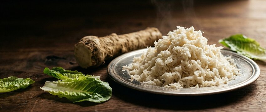 Fresh bitter herbs maror with grated horseradish and lettuce on a rustic wooden table for symbolic Passover seder meal