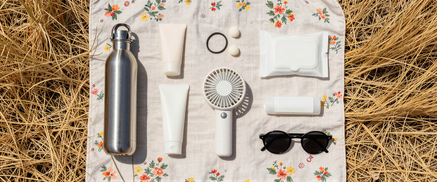 Flat lay of festival survival kit essentials including water bottle, sunscreen, and fan for outdoor concert safety and comfort