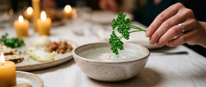 Fresh karpas parsley in water bowl for Passover seder ritual on a white tablecloth, symbol of spring and rebirth