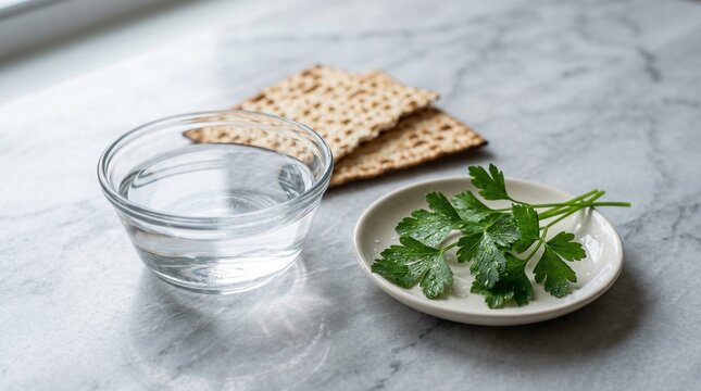 Small glass of salt water for dipping karpas during Passover seder ceremony, symbolizing tears of slavery
