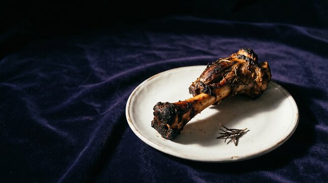 Roasted zeroa shank bone on plate for traditional Passover seder ritual against a dark blue background