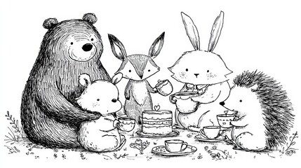 Naklejka premium Woodland Animals Gather for a Tea Party Featuring a Bear, Fox, Rabbit, and Hedgehog Enjoying Tea and Treats Around a Small Table