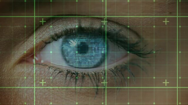 Animation of data processing over caucasian woman's blue eye and grid