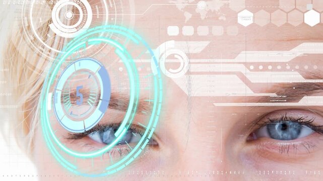 Animation of processing circle with counting and data on digital screen over eye of caucasian woman