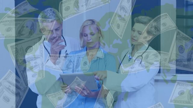 Animation of banknotes over diverse doctors talking
