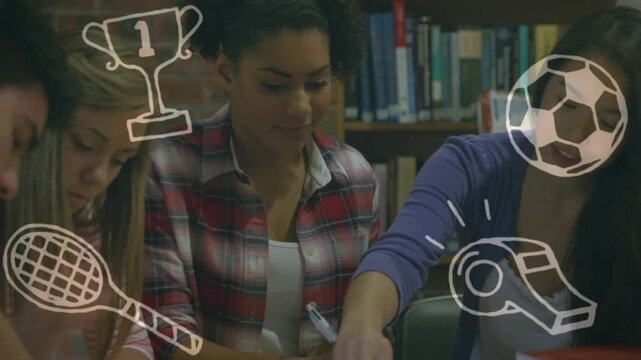 Animation of school icons over diverse students reading