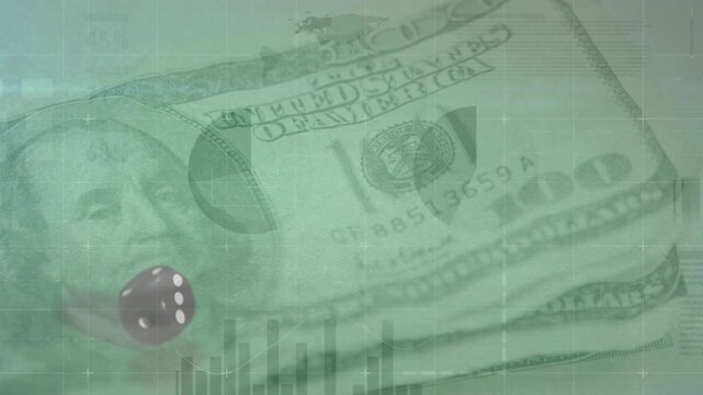 Animation of data processing over banknotes and dices