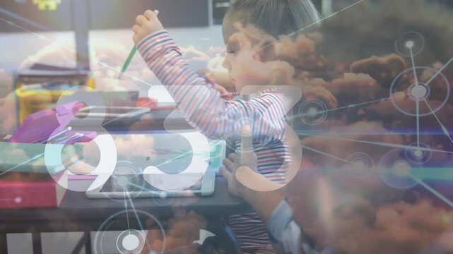 Animation of network of connections and growing number over diverse schoolchildren in classroom