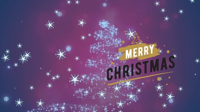 Animation of merry christmas and snowflakes falling on purple background
