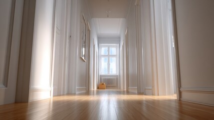 Fototapeta premium Long Empty Hallway in a New Apartment With Polished Floors and Soft Light Shining Through a Distant Window