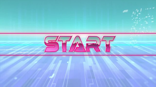 Animation of pink start text moving over programming data and bar graphs on blue background