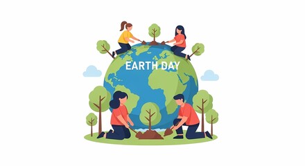 Fototapeta premium People planting trees around the globe to celebrate Earth Day, promoting environmental protection and sustainability.
