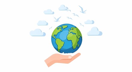 Fototapeta premium A human hand gently cradling the Earth, symbolizing global environmental protection, sustainability, and ecological care with clouds and birds in the background.