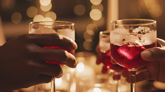 Close up of two people clinking wine glasses during a romantic evening with warm bokeh lights for celebration concept and togetherness