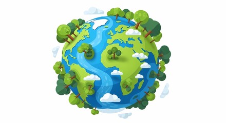 Fototapeta premium A vibrant cartoon illustration of a green Earth with trees, rivers, and clouds, symbolizing nature and environmental health.
