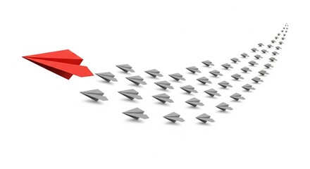 Red Paper Airplane Leading Gray Airplanes Formation in Arrow Shape, Leadership Concept, Business Strategy, Teamwork, Following the Leader, 3D Render