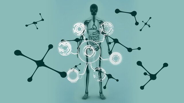 Animation of abstract pattern over nucleotides and human skeleton against blue background