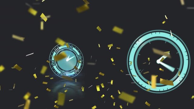 Animation of happy new year text over clocks moving fast and confetti falling