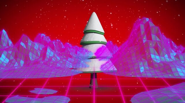 A digital animation of snow falling on a revolving fir tree