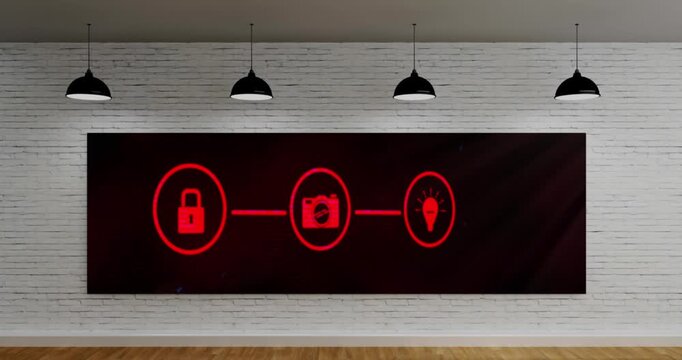 Animation of network of digital icons on television monitor