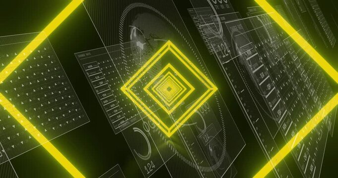 Animation of neon yellow tunnel in seamless pattern over screens with data processing