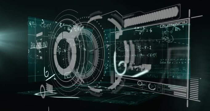 Animation of arc reactors, graph and loading bars over mathematical equation and lens flare