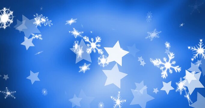 Blue Christmas lights and falling snowflakes create an ethereal holiday scene.