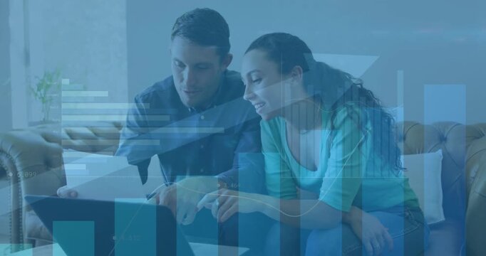 Animation of financial data processing and statistics over caucasian couple