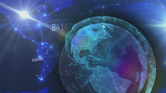 Animation of light spot and changing numbers over globe against light trails over world map