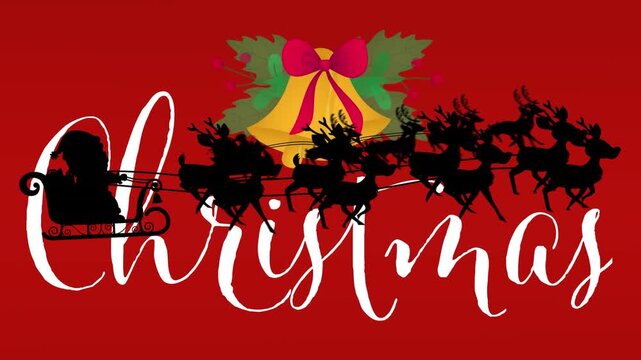 Animation of santa claus in sleigh pulled by reindeers over christmas text banner on red background