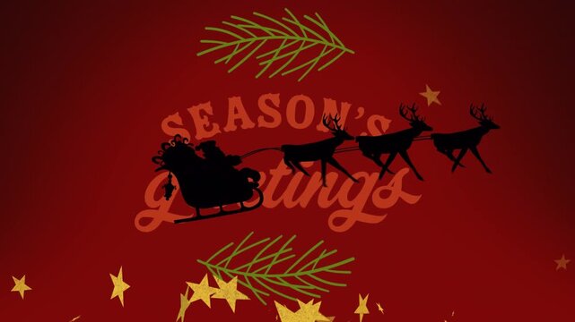 Animation of christmas greetings text and santa claus in sleigh with reindeer on red background