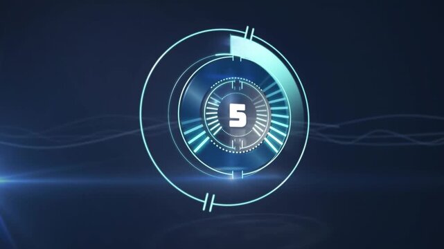 Animation of countdown from 10 to 1 in loading circles over waving lines on black background