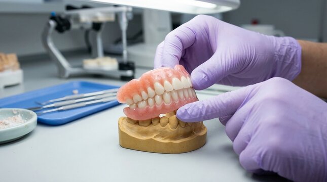 Dentist installing new dentures on dental mold for patient care.