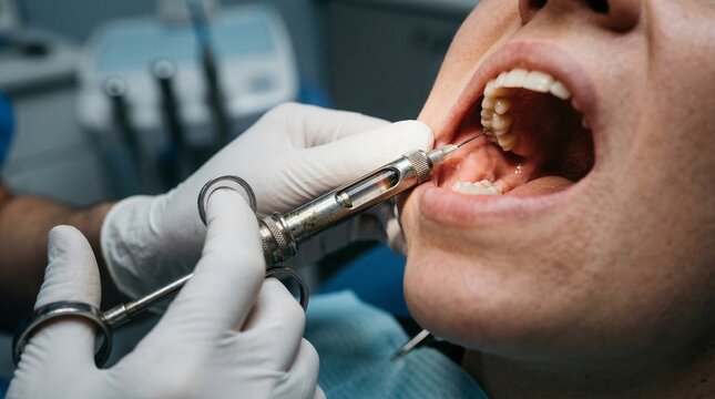 Dentist administering local anesthetic to patient's gum before tooth extraction.