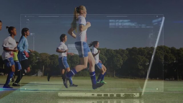 Soccer players running on field with digital data processing animation overlay