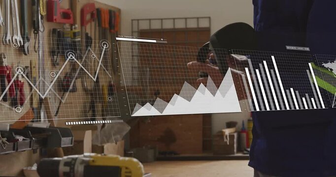 Male craftsman examining tools in woodworking shop, with digital graph overlaying workbench