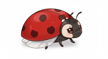 Obraz premium Digitally painted cute ladybug illustration with a red shell and black spots featuring soft friendly aesthetics. AI Generated