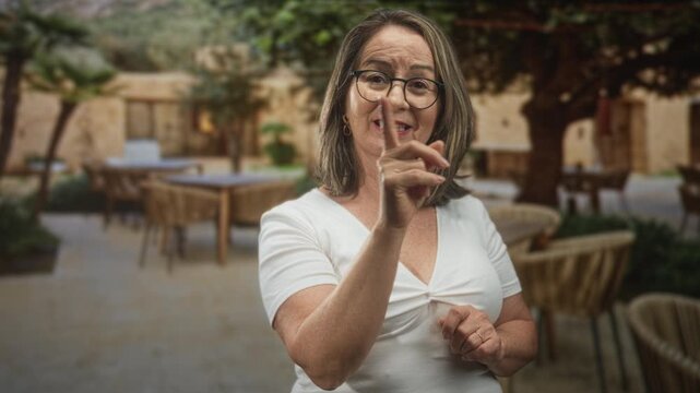Hispanic senior woman with glasses points index finger toward patio tables in an outdoor cafe courtyard by a stone building; confidence guidance.