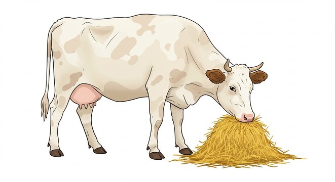 Gentle spotted cow hungrily devouring a large pile of yellow hay a crisp vector illustration on a bright clean backdrop. AI Generated