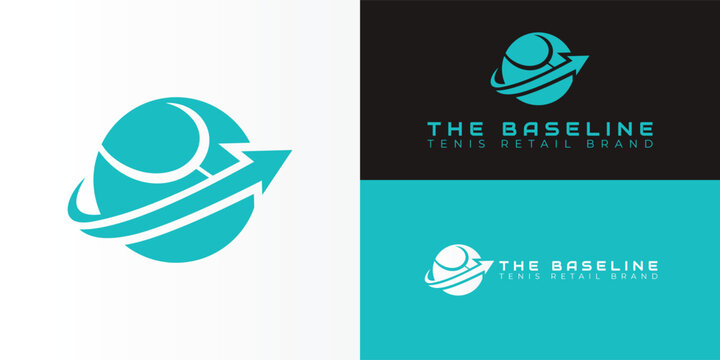 The modern tennis retail logo features a stylized ball with a dynamic swoosh and arrow that symbolize motion and performance. The clean, bold design reflects energy and speed, a sporty brand identity.